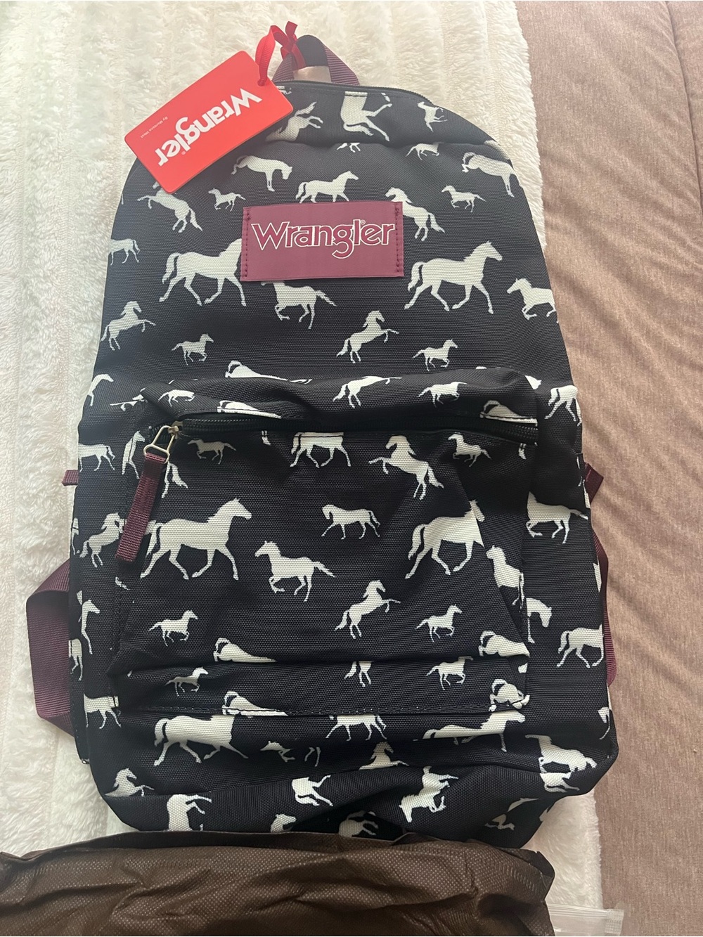 Wrangler Black Backpack with White Horse Print and Maroon Accents